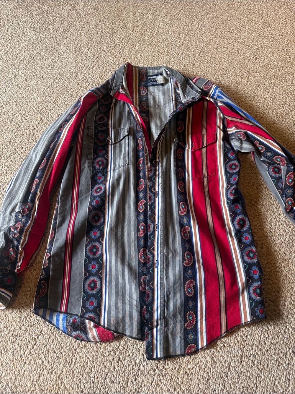 Vintage Wrangler Red, Gray & Blue Striped Button-Down Shirt
